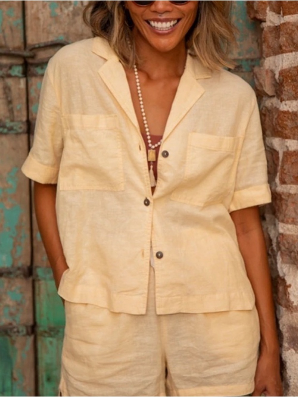 Carve Designs Luca Linen Blend Natural Fibers Camp Shirt Butter Yellow XL Boxy
